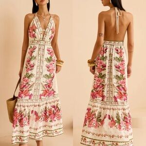 COMMENSE Pink Green Floral Print Halter Open Back Maxi Dress NWT